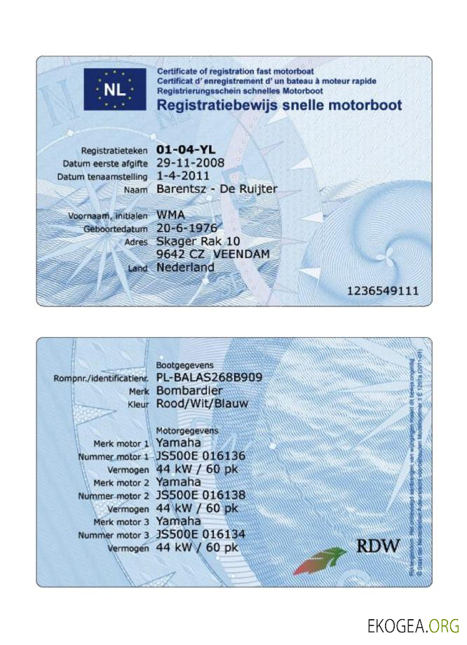 Certificat d'immatriculation des Pays Bas pour bateau à moteur rapide